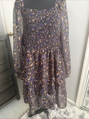 Floral Smocked Midi Dress in Black and Purple 1XL